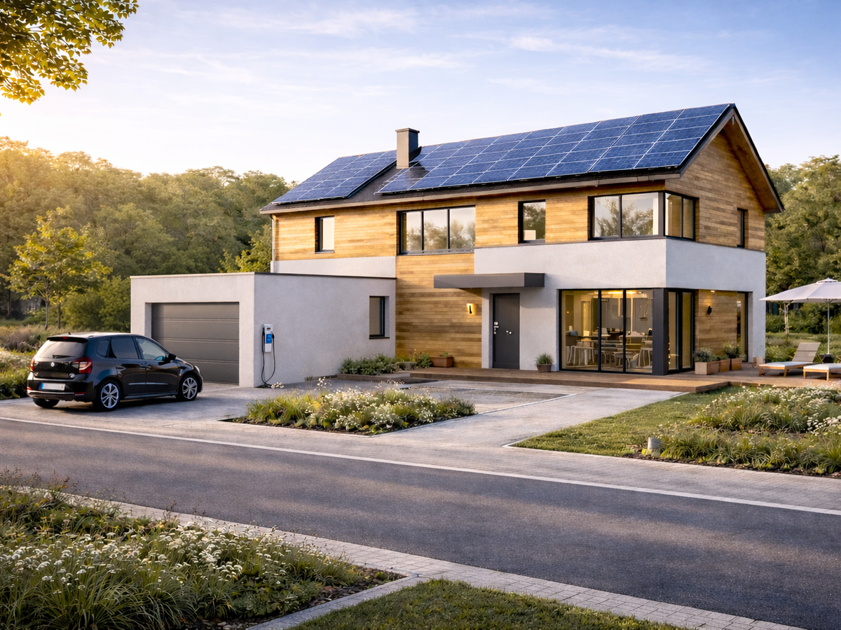 Einfamilienhaus mit Solaranlage für nachhaltiges Wohnen Modernes Einfamilienhaus mit Photovoltaikanlage als Beispiel für energetische Sanierung für Privatkunden