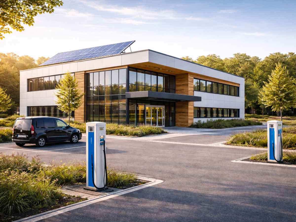 Energieeffizientes Kommunalgebäude mit Photovoltaik und Ladeinfrastruktur Modernes Verwaltungsgebäude mit Photovoltaikanlage und Ladesäulen als Beispiel für energieeffiziente Lösungen für Kommunen